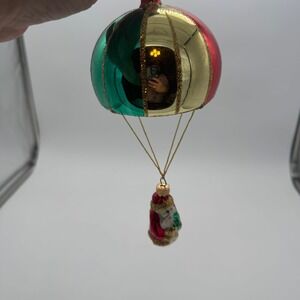 Vintage Poland Glass Santa Hot Air Balloon Christmas Ornament Red Green Gold
